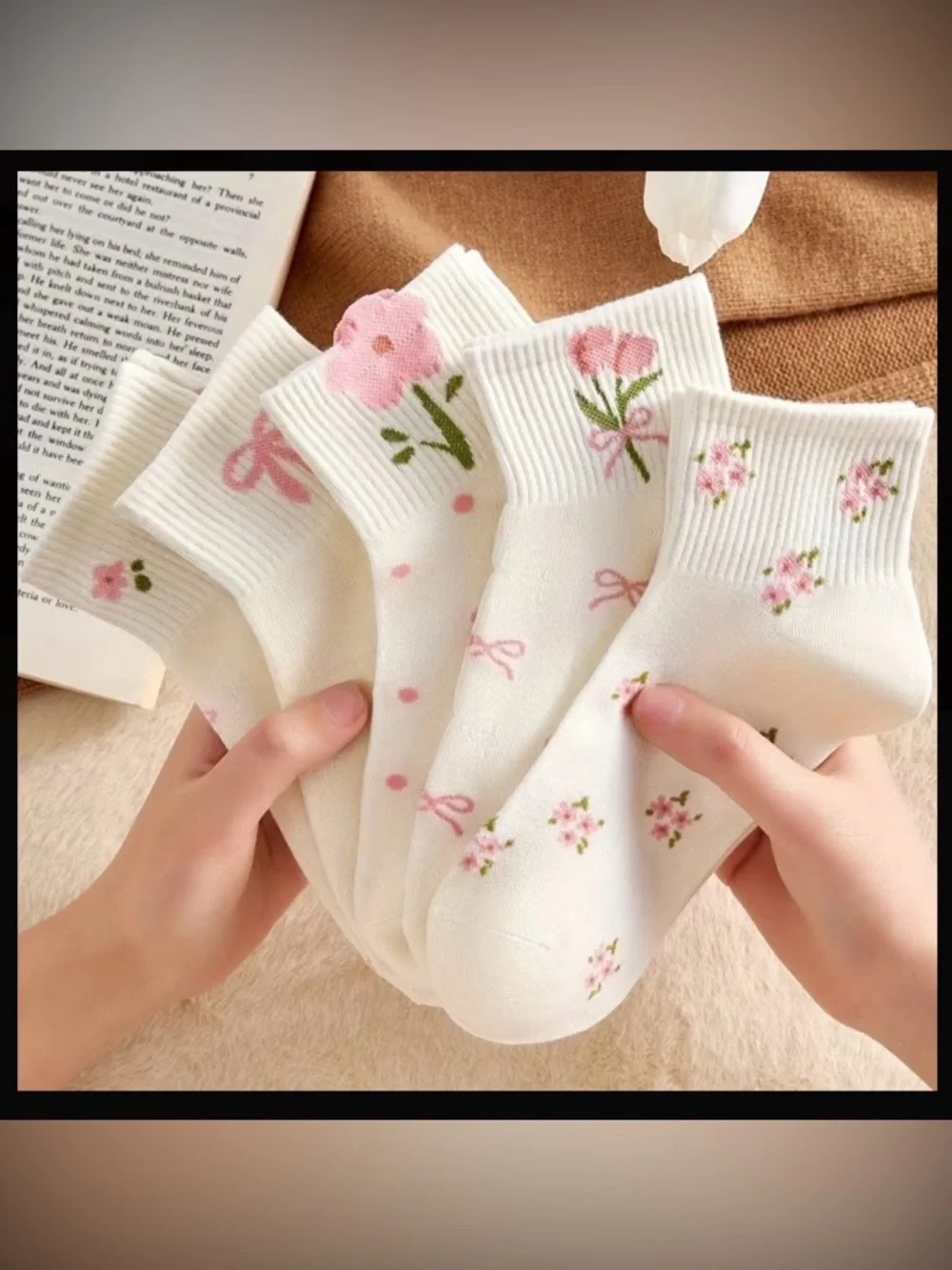 New 5 Pairs Floral Butterfly Print Ankle Socks White & Pink Ribbed Elastic Cuff